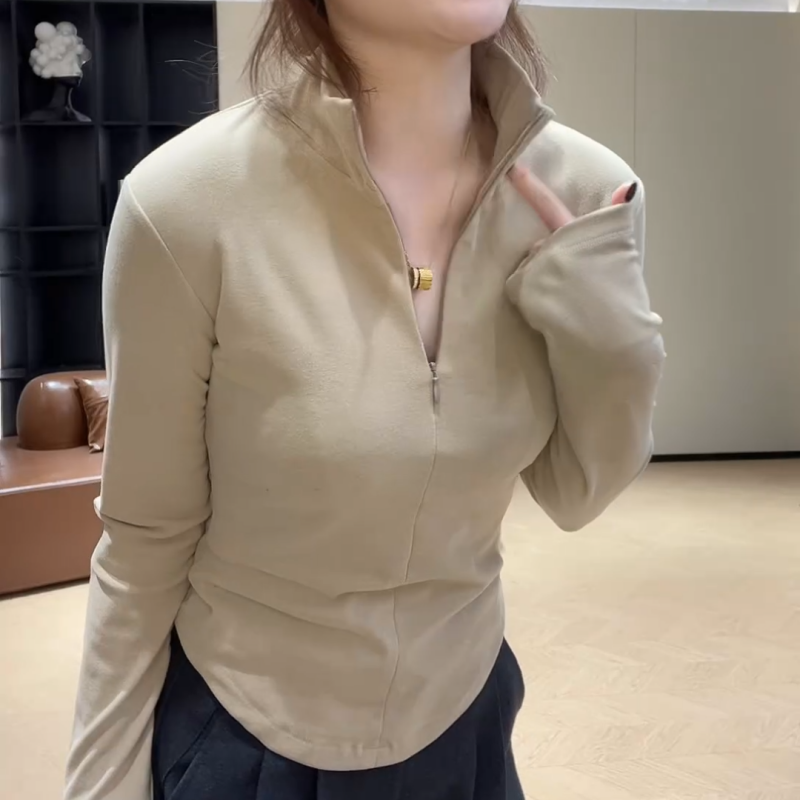 冬季简约立领拉链设计修身显瘦磨毛打底长袖纯色T恤LK2507779