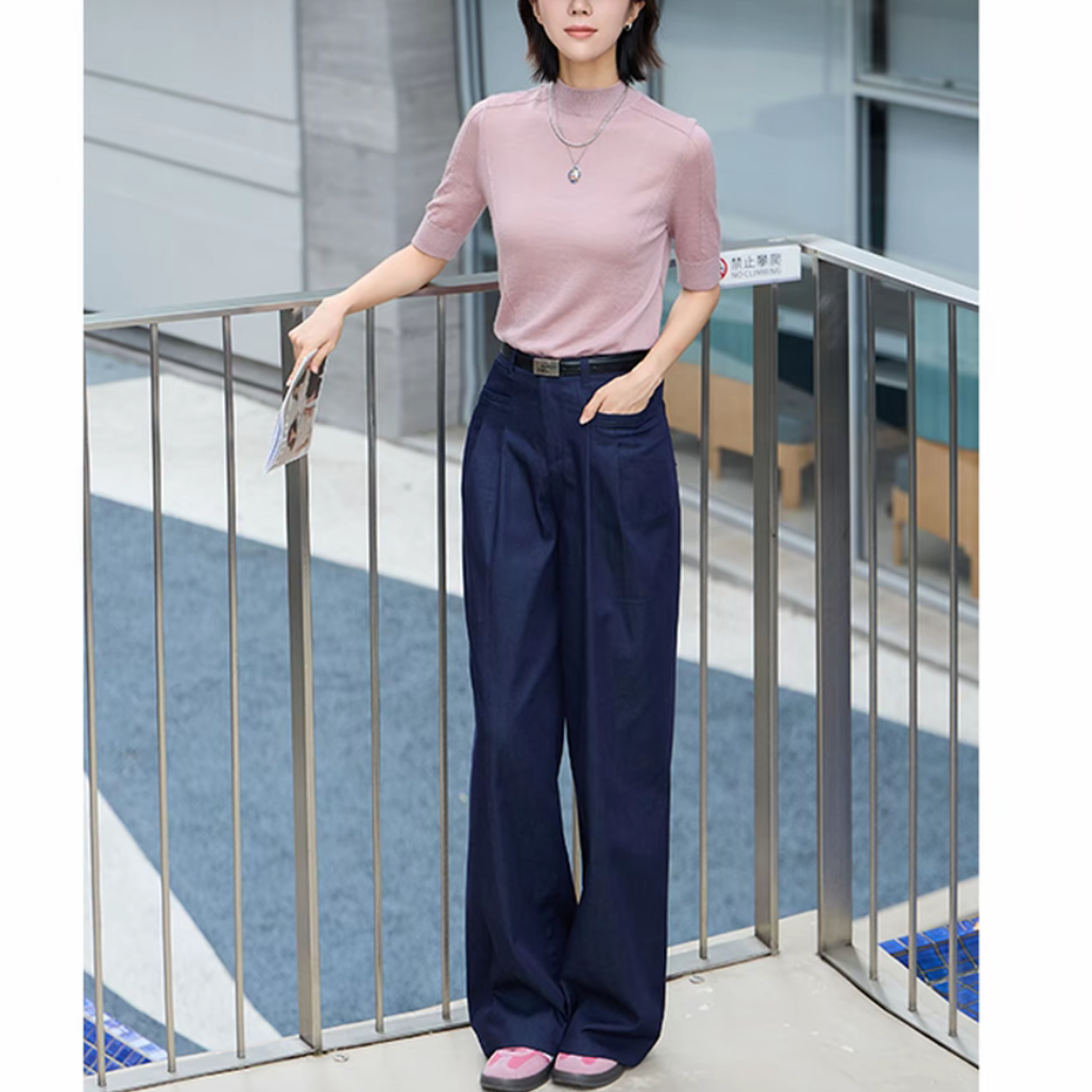 阿玛施AMASS新款女装白色高腰显瘦时尚简约休闲直筒长裤5100478