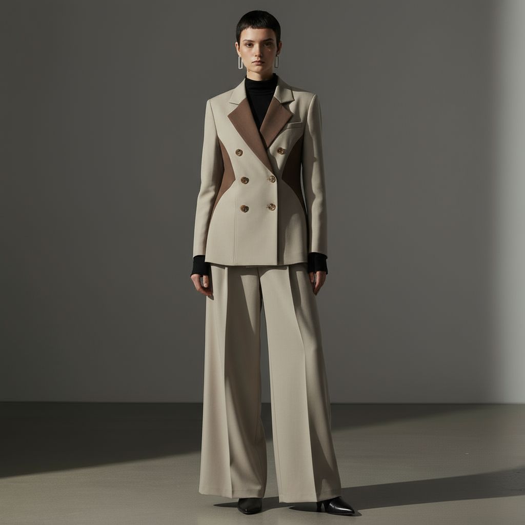 2025秋季赫本风气质撞色拼接上衣休闲裤时尚套装A641478