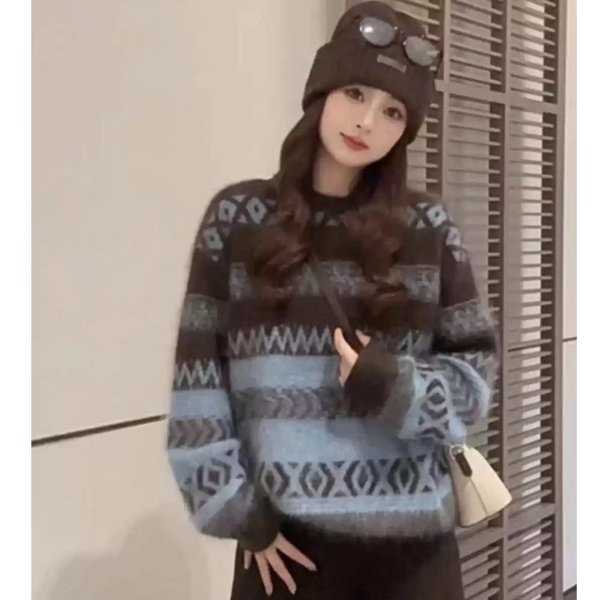 拉夏贝尔北欧复古菱格费尔岛毛衣女秋冬季宽松加厚内搭打底针织衫