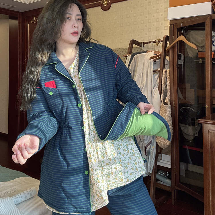 大梦睡衣女加厚秋冬季收腰宽松保暖夹棉条纹冬天家居服套装中长款