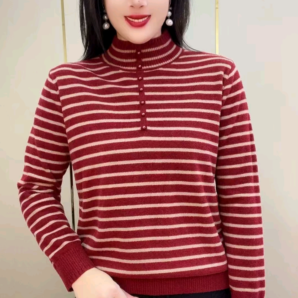 加厚保暖休闲高领毛衣2025秋冬季新款洋气女士弹力大码条纹针织衫