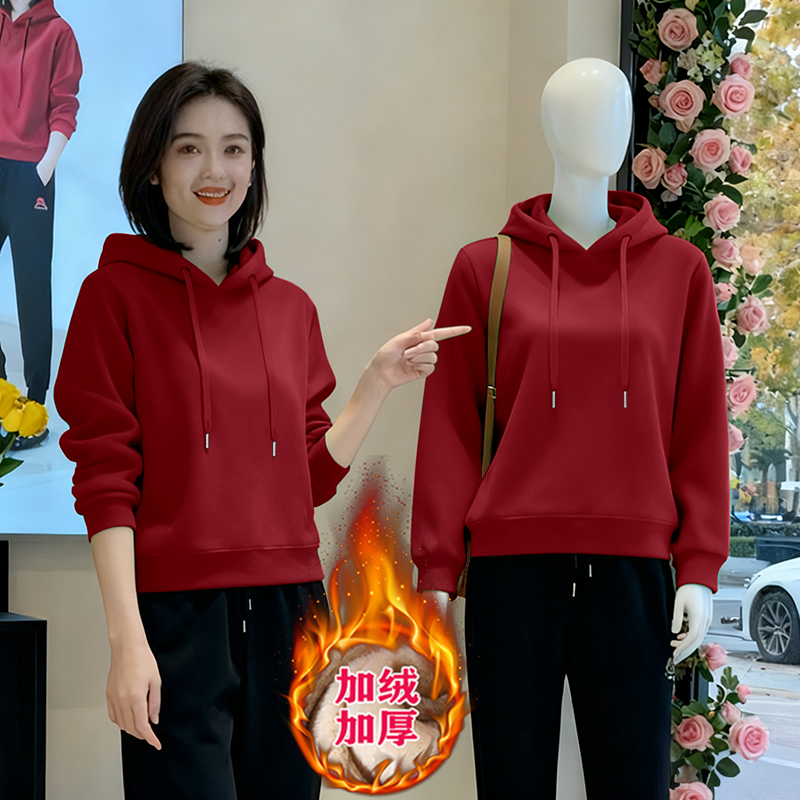 连帽新款女士休闲卫衣秋冬时尚洋气妈妈宽松加绒百搭加厚上衣外套