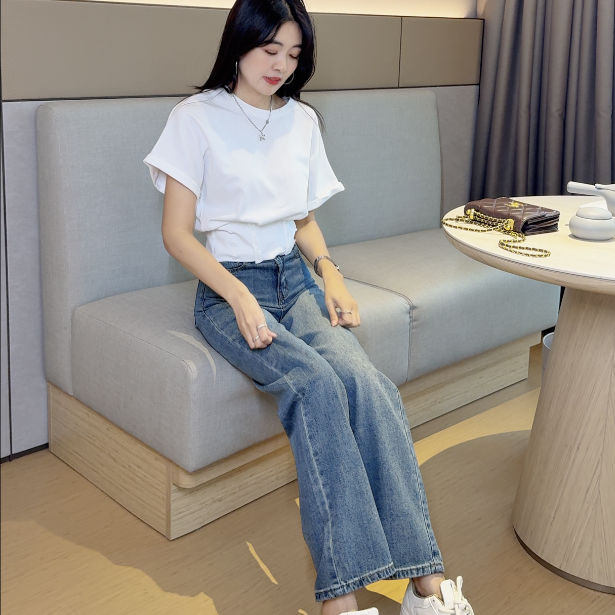 牛仔长裤高腰女套装2025秋季百搭休闲直筒裤蓝色弯刀裤窄版阔腿裤