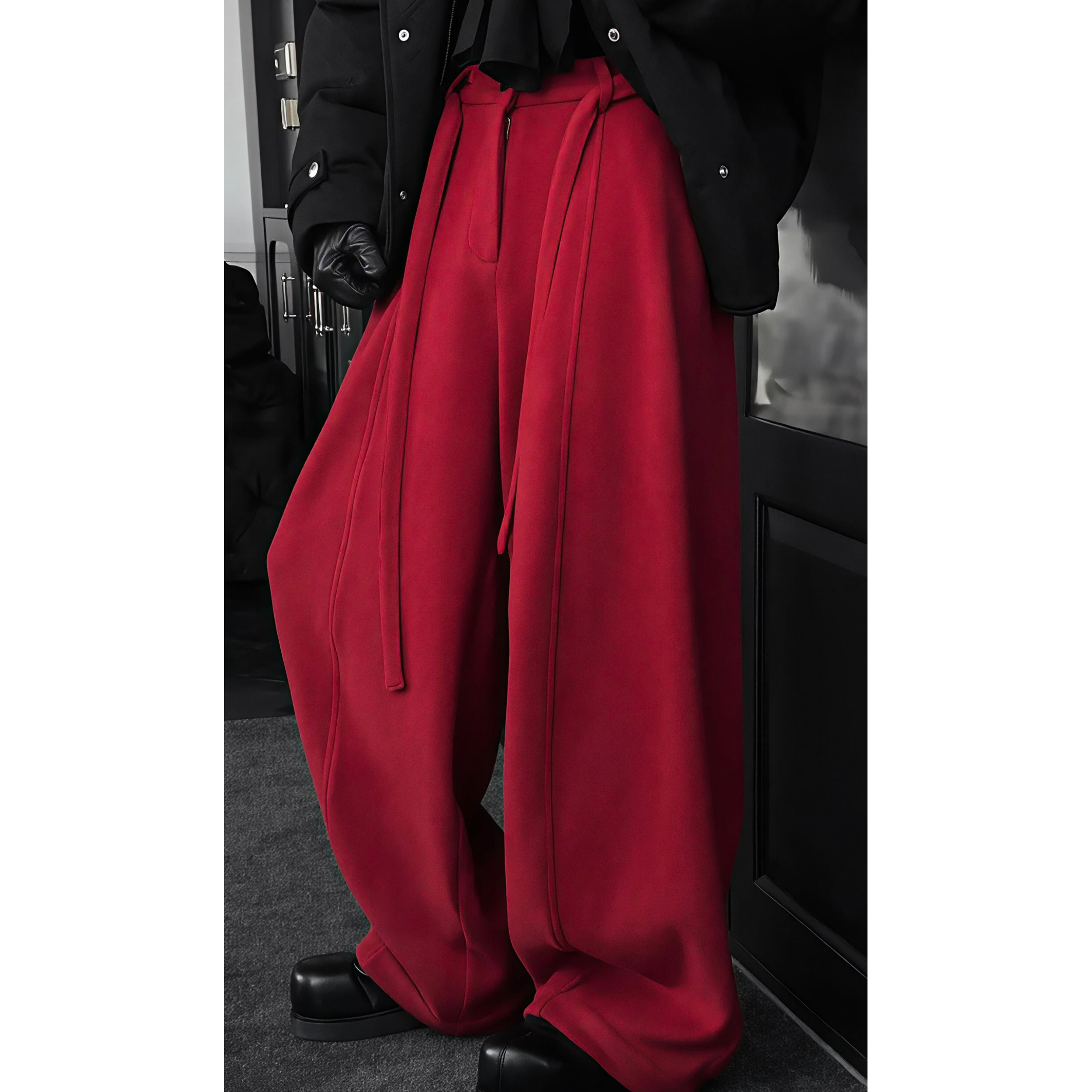 YOUNG冬季新品简约高级感厚款腰绳百搭宽松垂感阔腿休闲西裤长裤