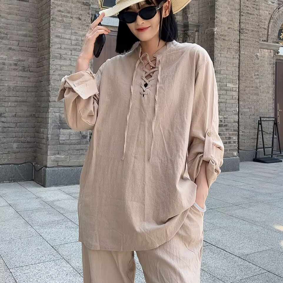 纯色休闲宽松长袖宽松上衣