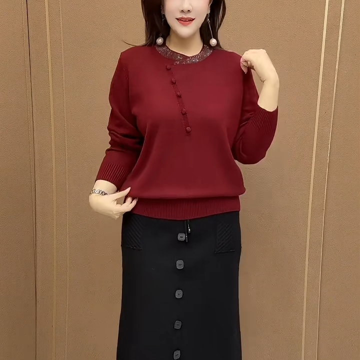 中老年妈妈针织外套2025秋新款修身减龄高级气质减龄拼接翻领上衣