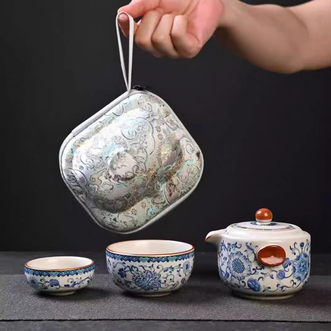 青花汝窑户外便携旅行茶具露营用快客杯复古