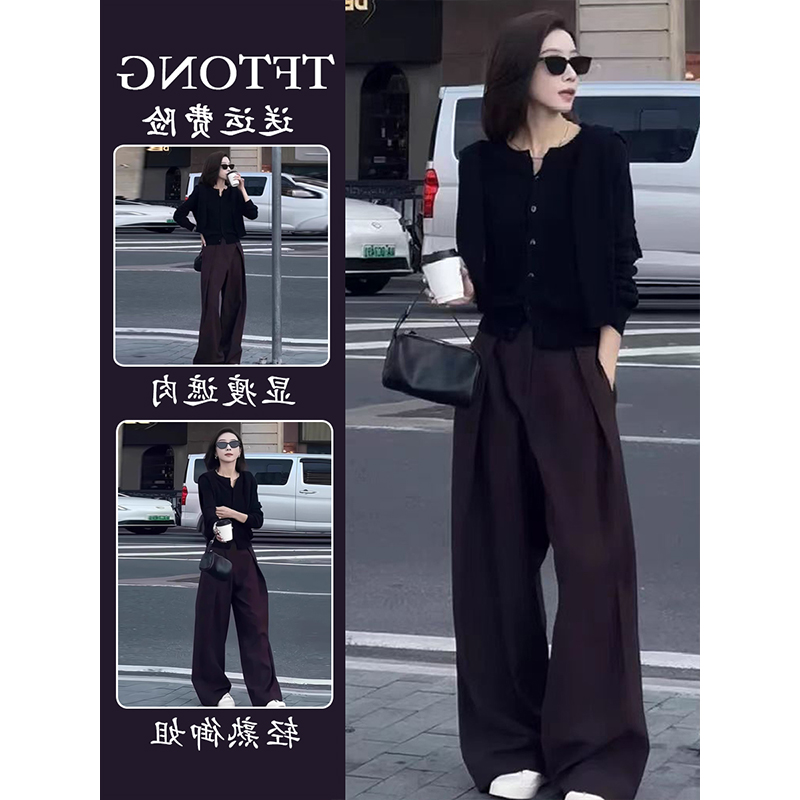 秋季小香风黑色针织开衫今年流行爆款时尚宽松休闲阔腿裤两件套