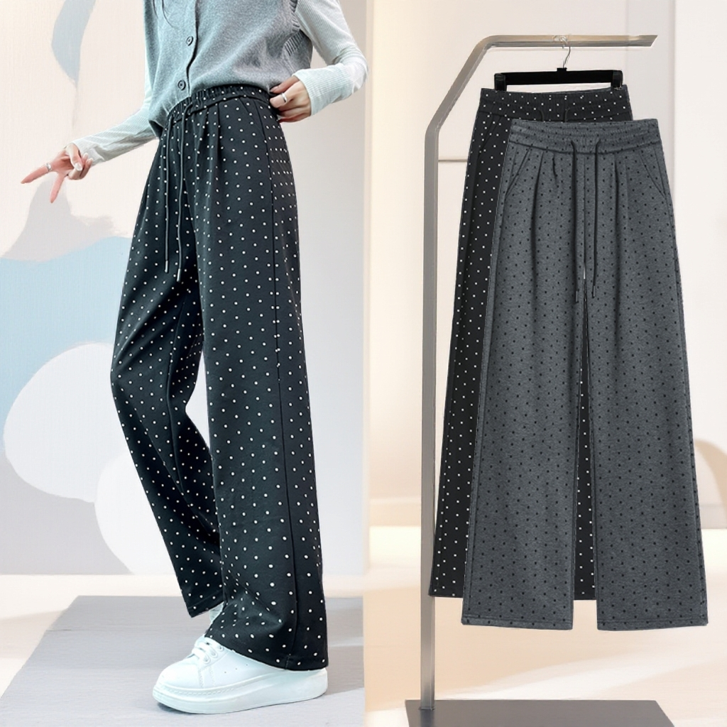 【小个子】新款黑色波点毛呢休闲裤女秋冬高腰宽松梨形身材阔腿裤
