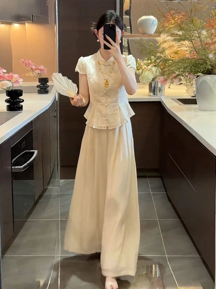 新中式国风禅意套装女夏季松弛感重工亮片刺绣上衣阔腿裤子两件套