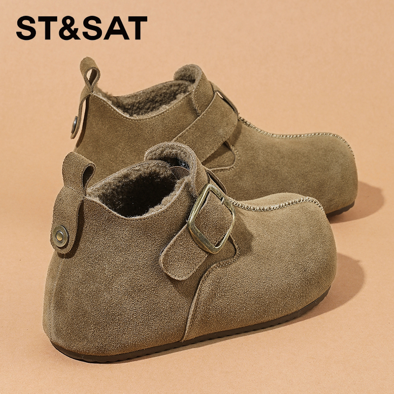 星期六真皮卡皮巴拉勃肯鞋女2025爆款冬季加绒棉鞋复古高帮豆豆鞋