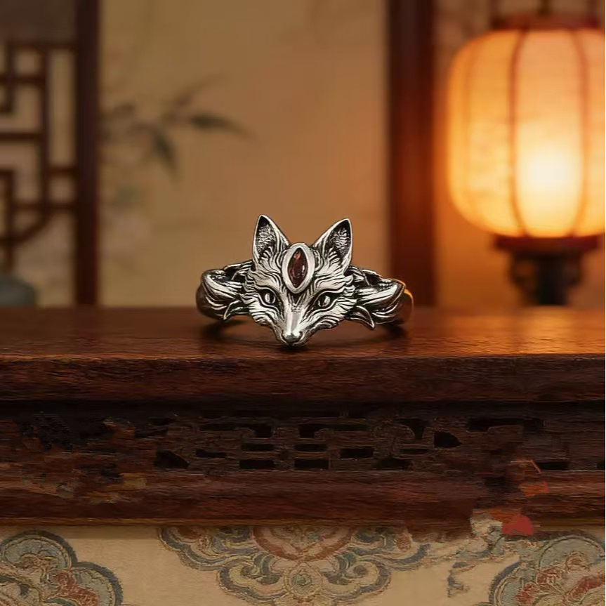 钛钢戒指 九尾灵狐戒指国风民族风开口指环气质百搭设计感不掉色