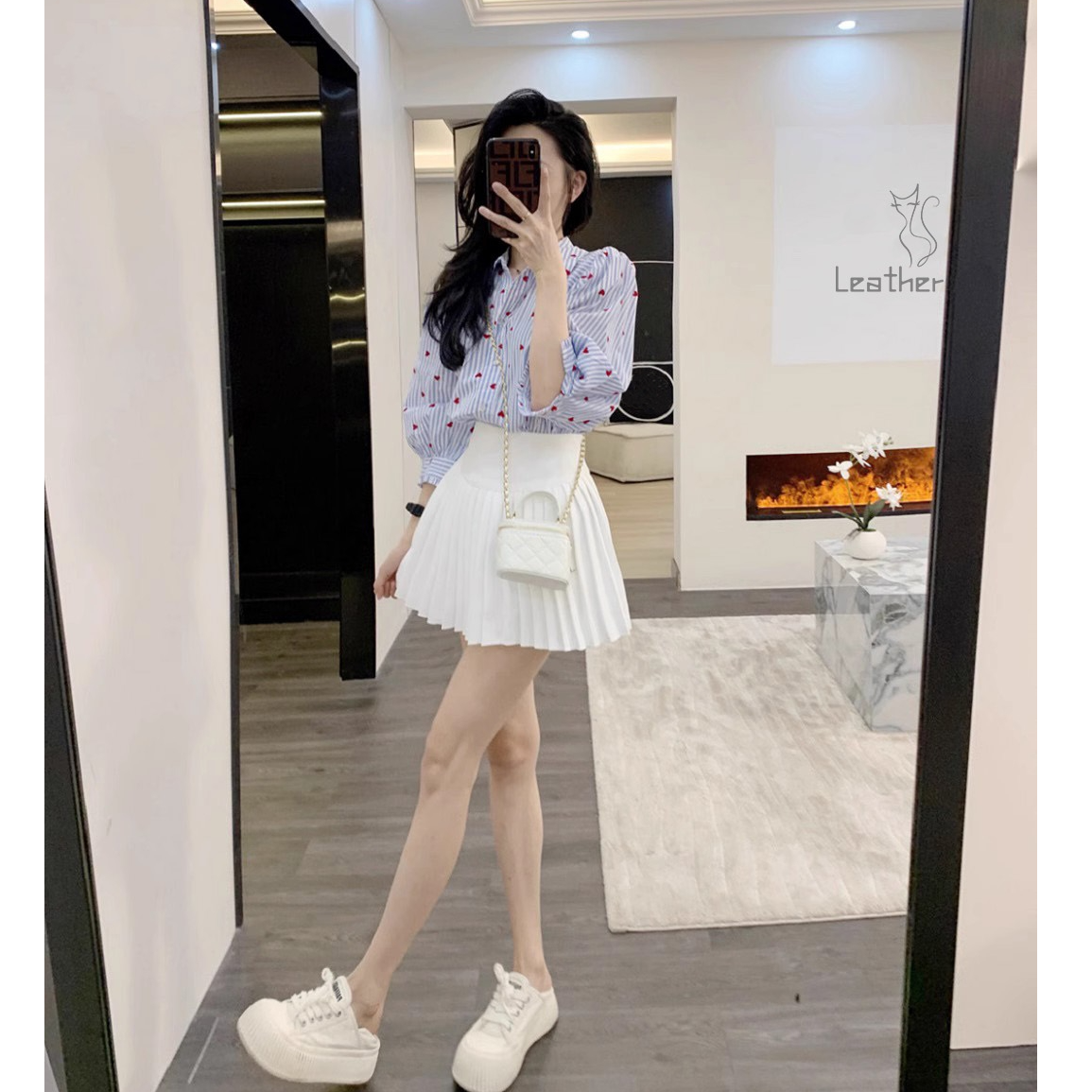 Leathercat衬衫女2025春秋季新款法式设计感小众条纹短袖衬衣上衣