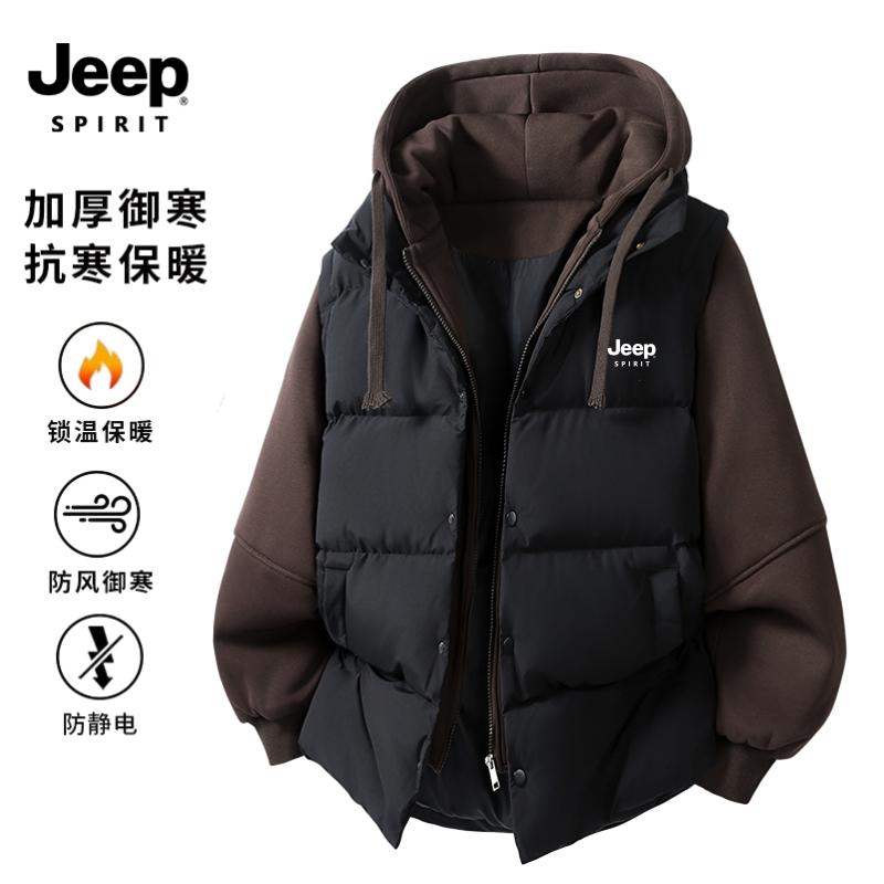 JEEPSPIRIT御寒保暖加厚棉服男士2025冬季假两件美式连帽棉衣外套