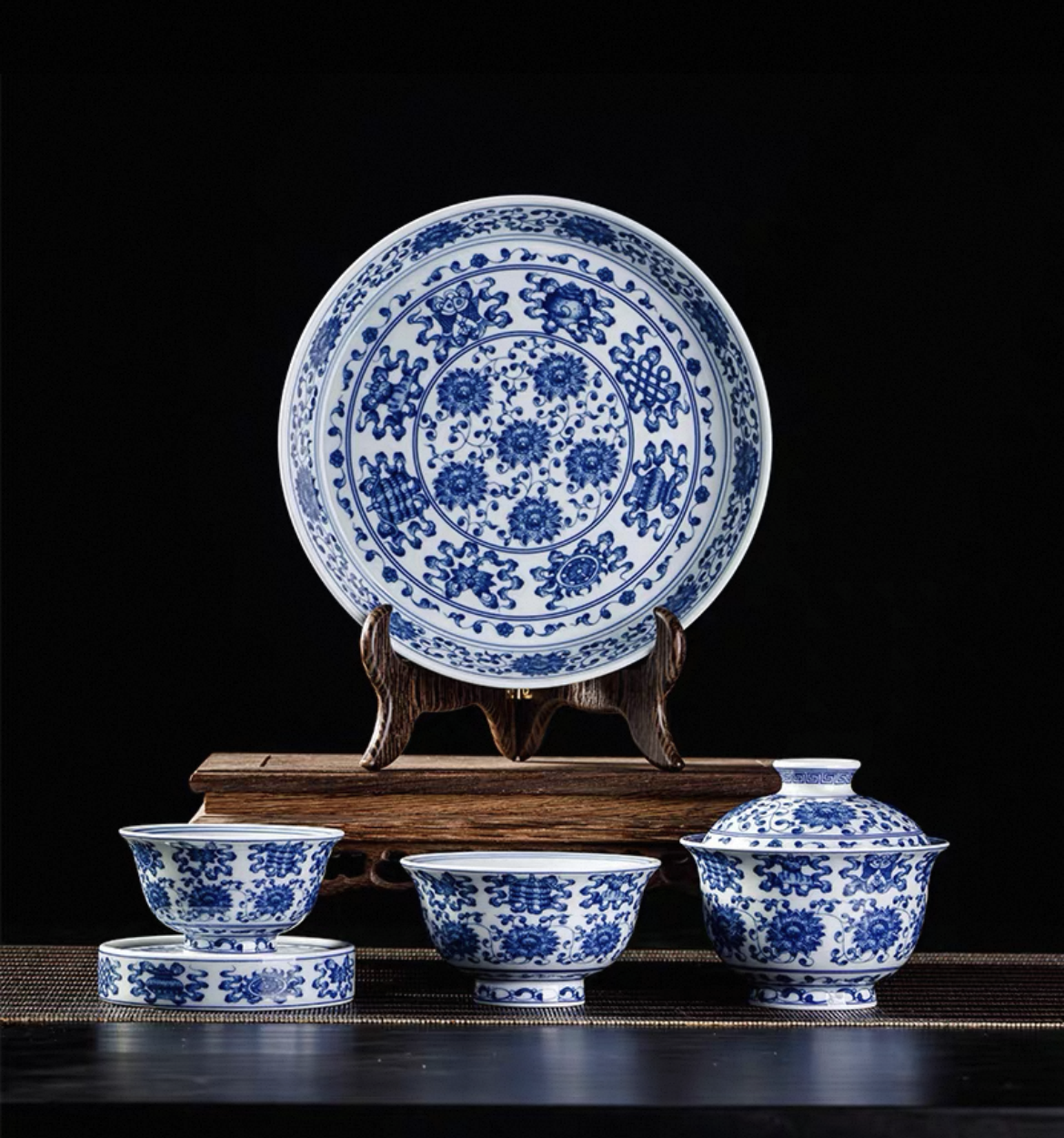 景德镇青花釉下八宝缠枝纹元宝盖碗茶杯盖置壶承高档套装功夫茶具