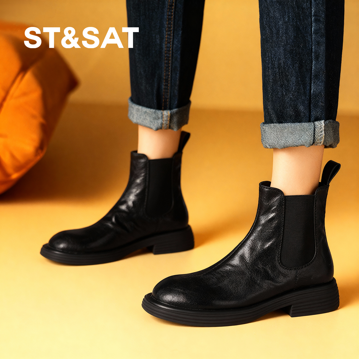 St&Sat/星期六切尔西靴女冬季加绒新款美拉德靴子百搭粗跟短靴