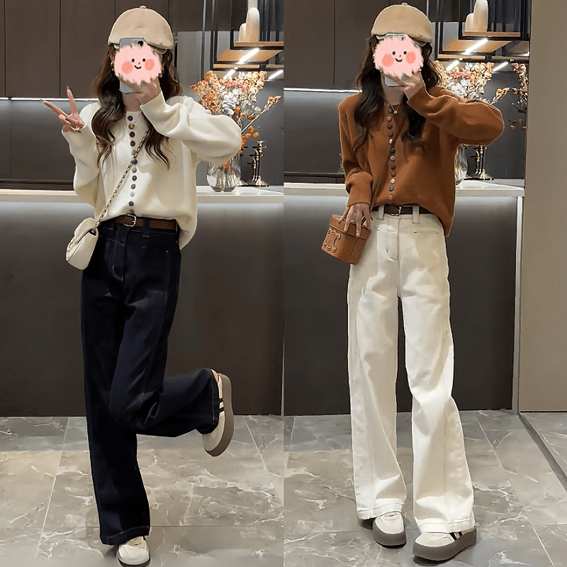 女士时尚百搭入秋女装一整套时尚休闲毛衣+牛仔阔腿裤两件套显瘦