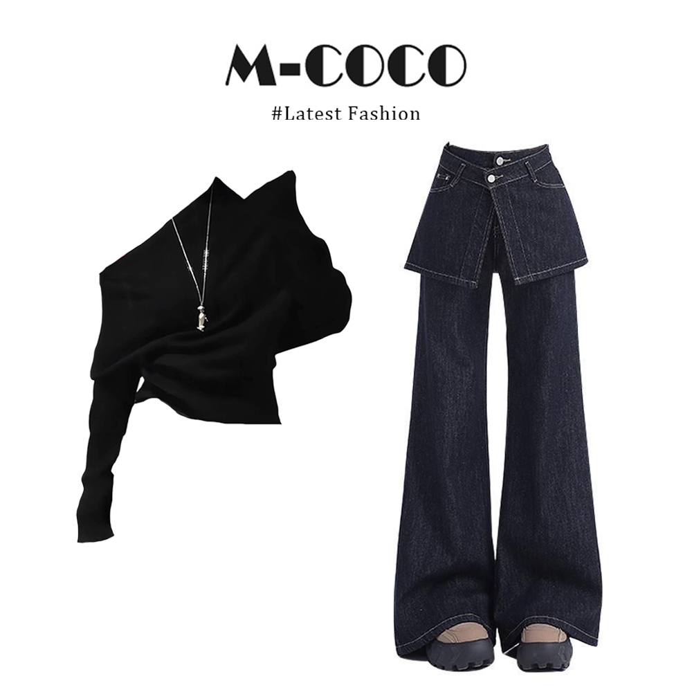 INS CEC韩系老钱风不规则斜肩针织衫毛衣上衣微喇牛仔裤两件套装