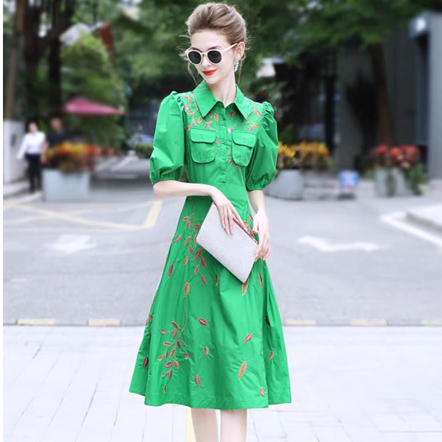 ［依易原创］高定常春藤刺绣泡泡袖修身衬衣裙D0204