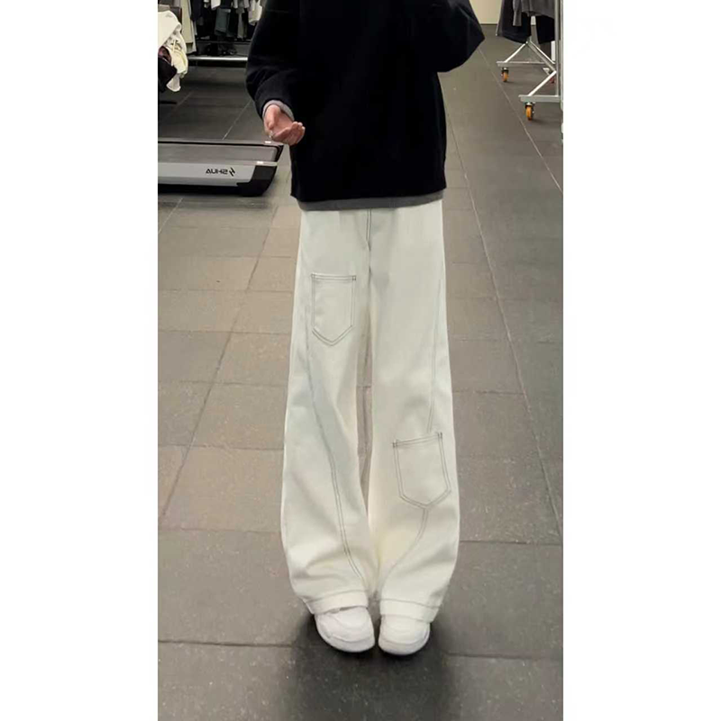 美式高街复古白色弯刀牛仔裤秋季男女设计感多口袋阔腿长裤潮小众