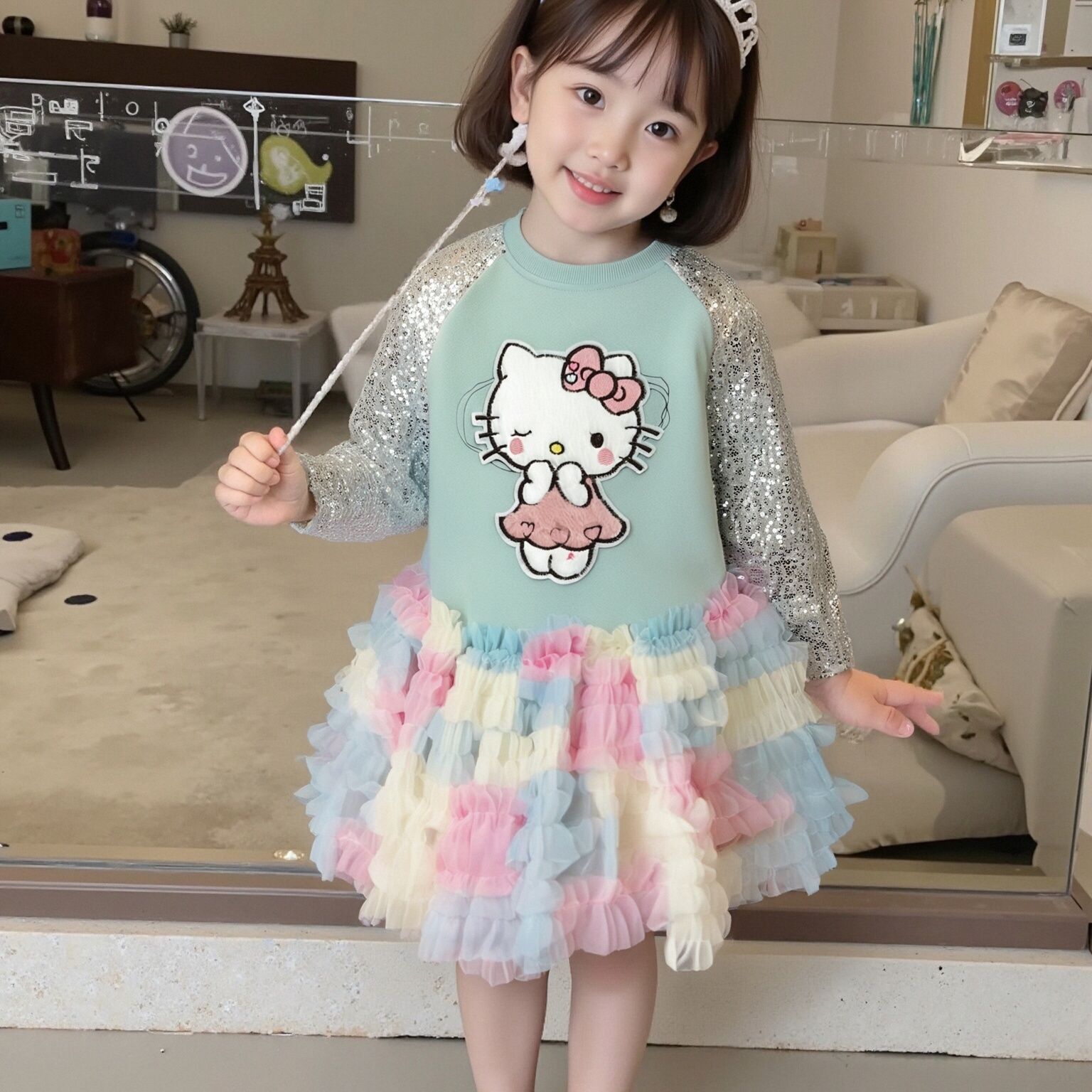 MN女童秋款Kitty猫套装2025时尚女孩甜心公主裙两件套KT猫套装