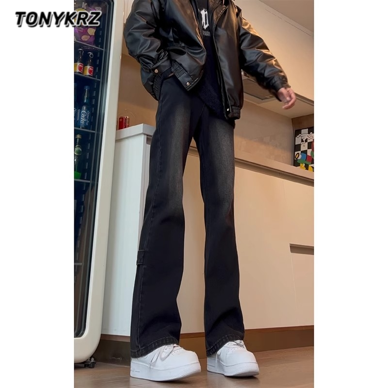TONYKRZ美式复古渐变水洗微喇叭牛仔裤男高街vibe风显瘦直筒长裤