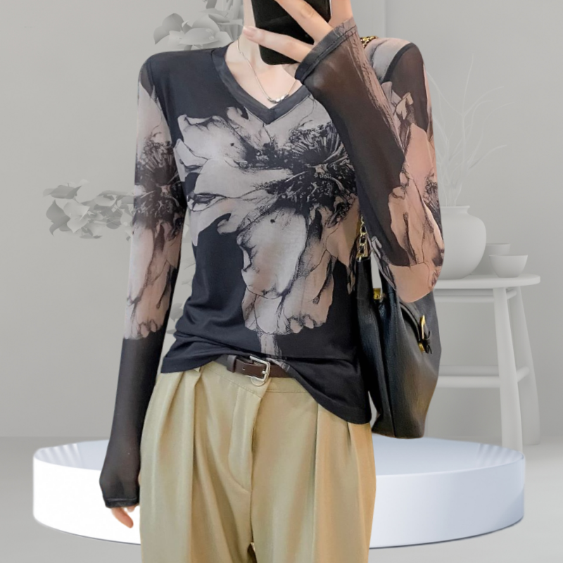 高档时尚网纱打底衫女春秋洋气长袖t恤上衣高级感内搭气质纱衣薄