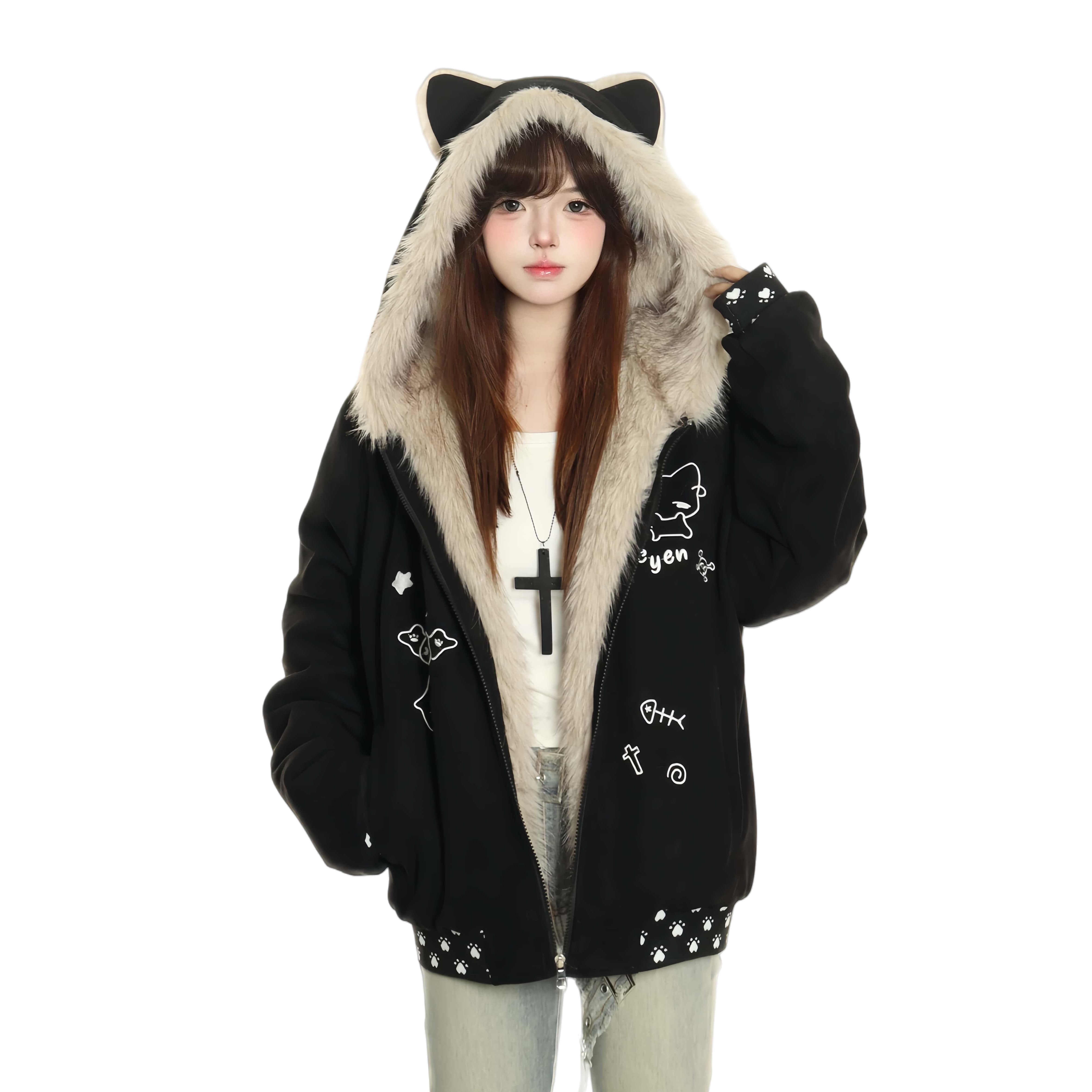 可爱刺绣猫咪座山雕棉服女冬季甜美连帽保暖棉衣宽松加厚夹棉外套