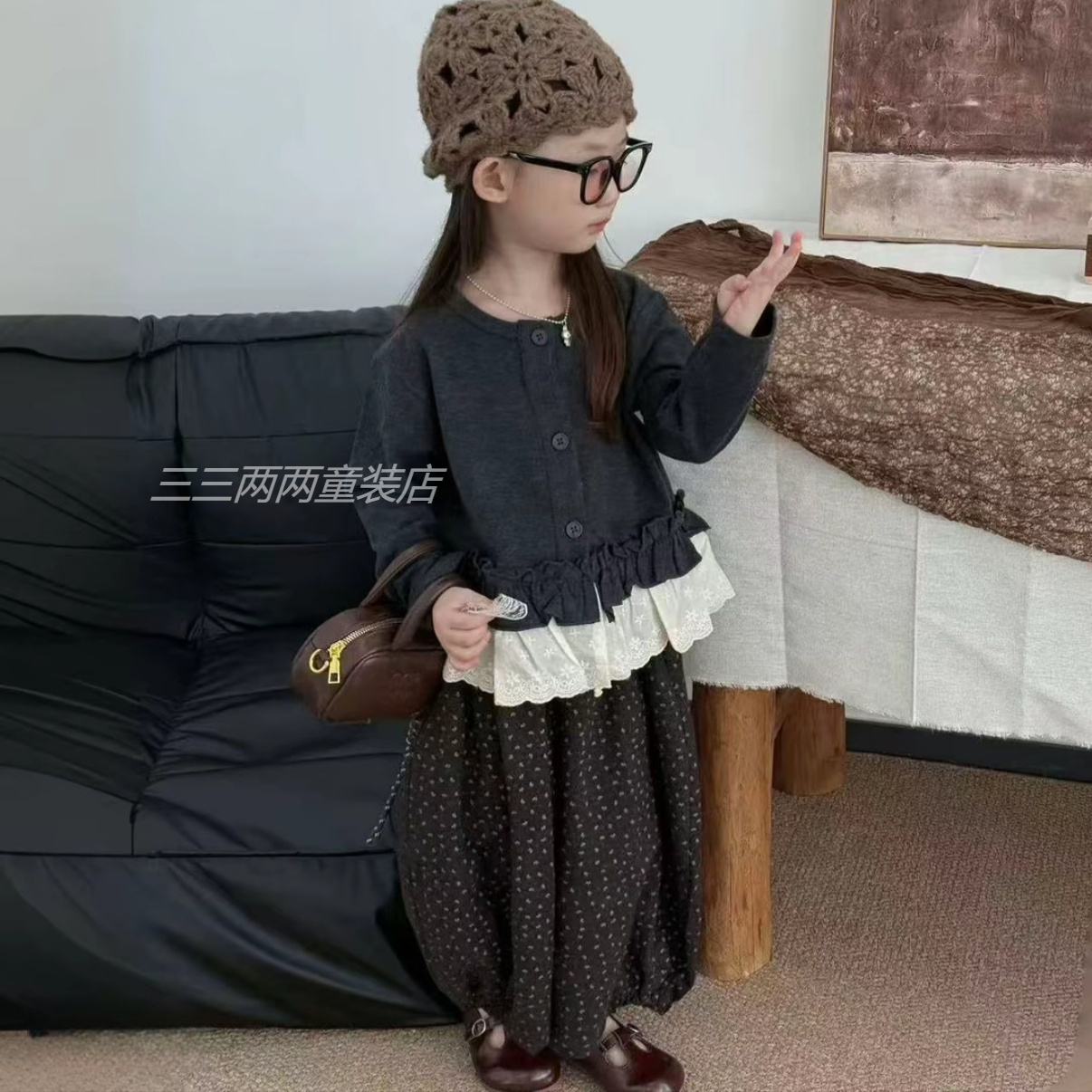 女童秋装森系套装2025新款儿童女宝花边长袖灯笼裤洋气时髦两件套