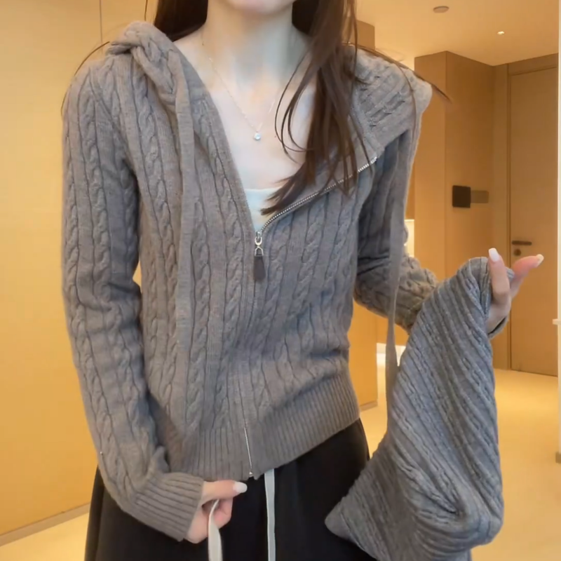 【麻花纹理感】连帽修身毛衣女针织开衫秋冬显瘦上衣LK2509006