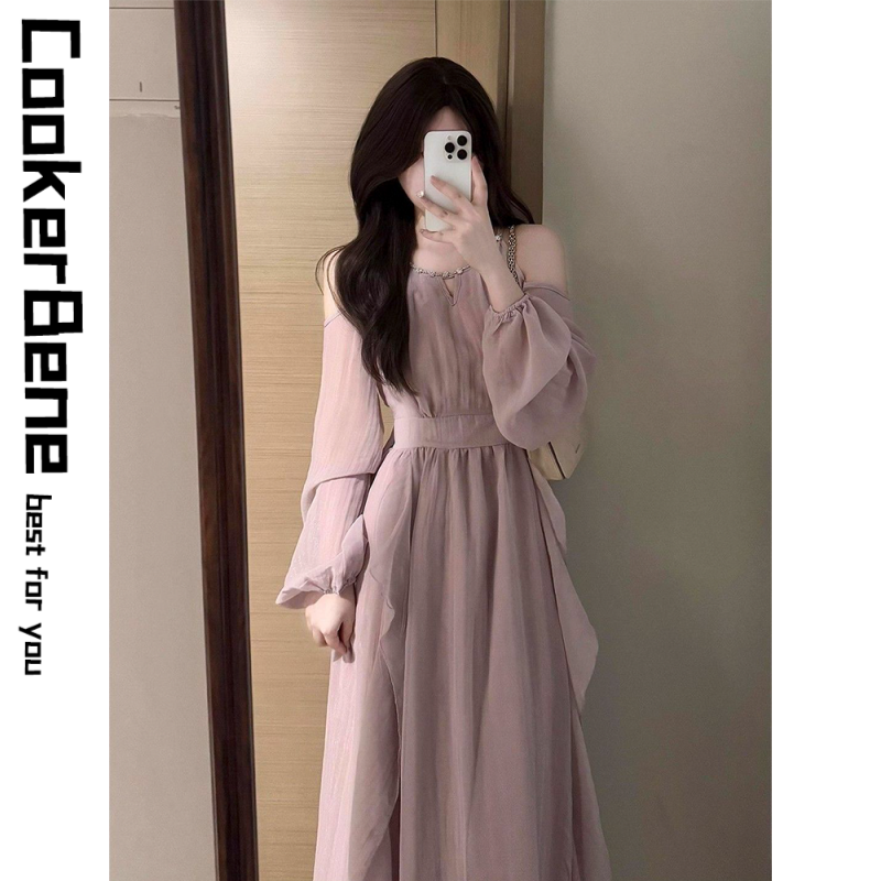 法式浪漫流光风连衣裙高级感紫色荷叶边露肩泡泡袖收腰显瘦气质裙