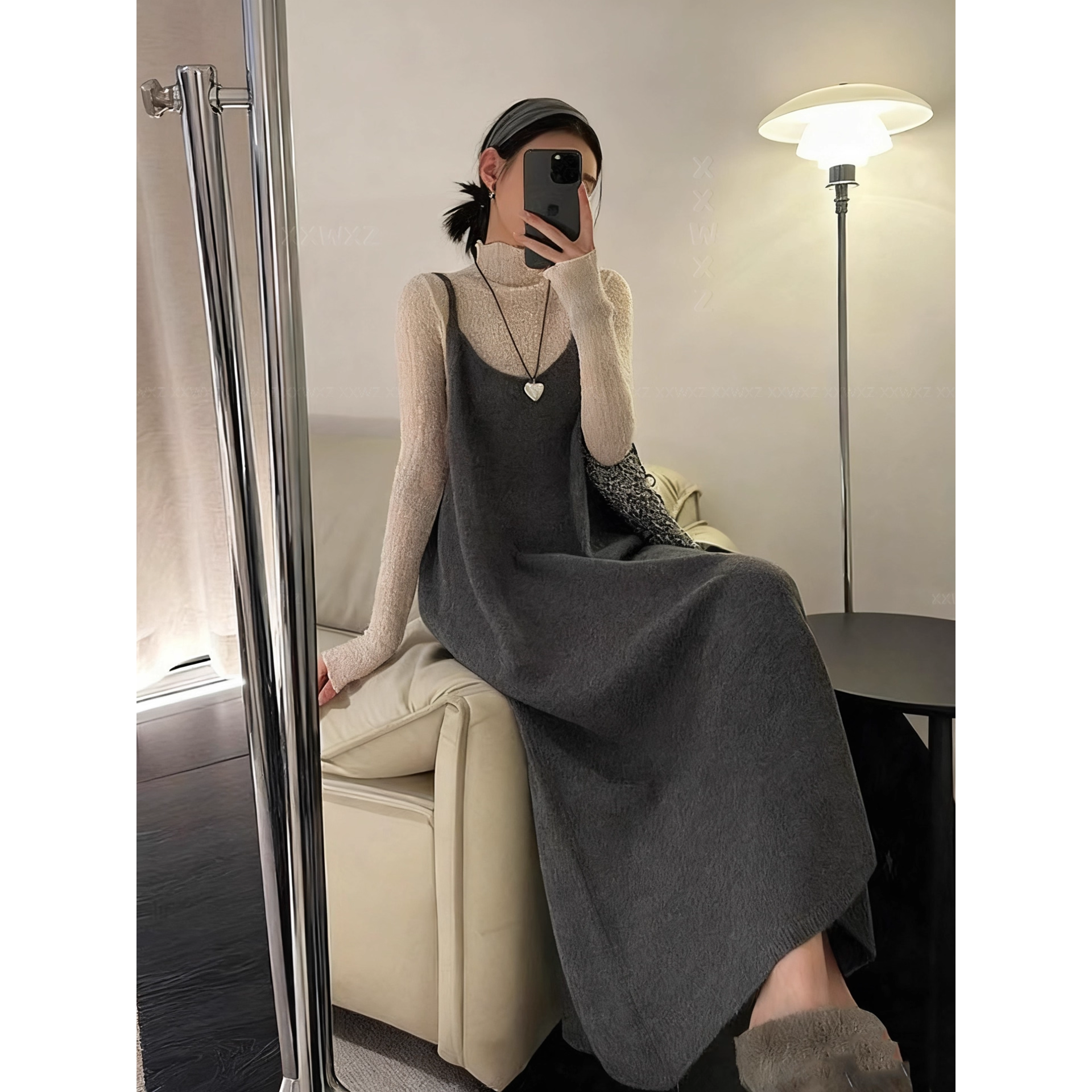 韩系慵懒风宽松外穿吊带背心长裙秋冬新款时尚百搭叠穿针织连衣裙