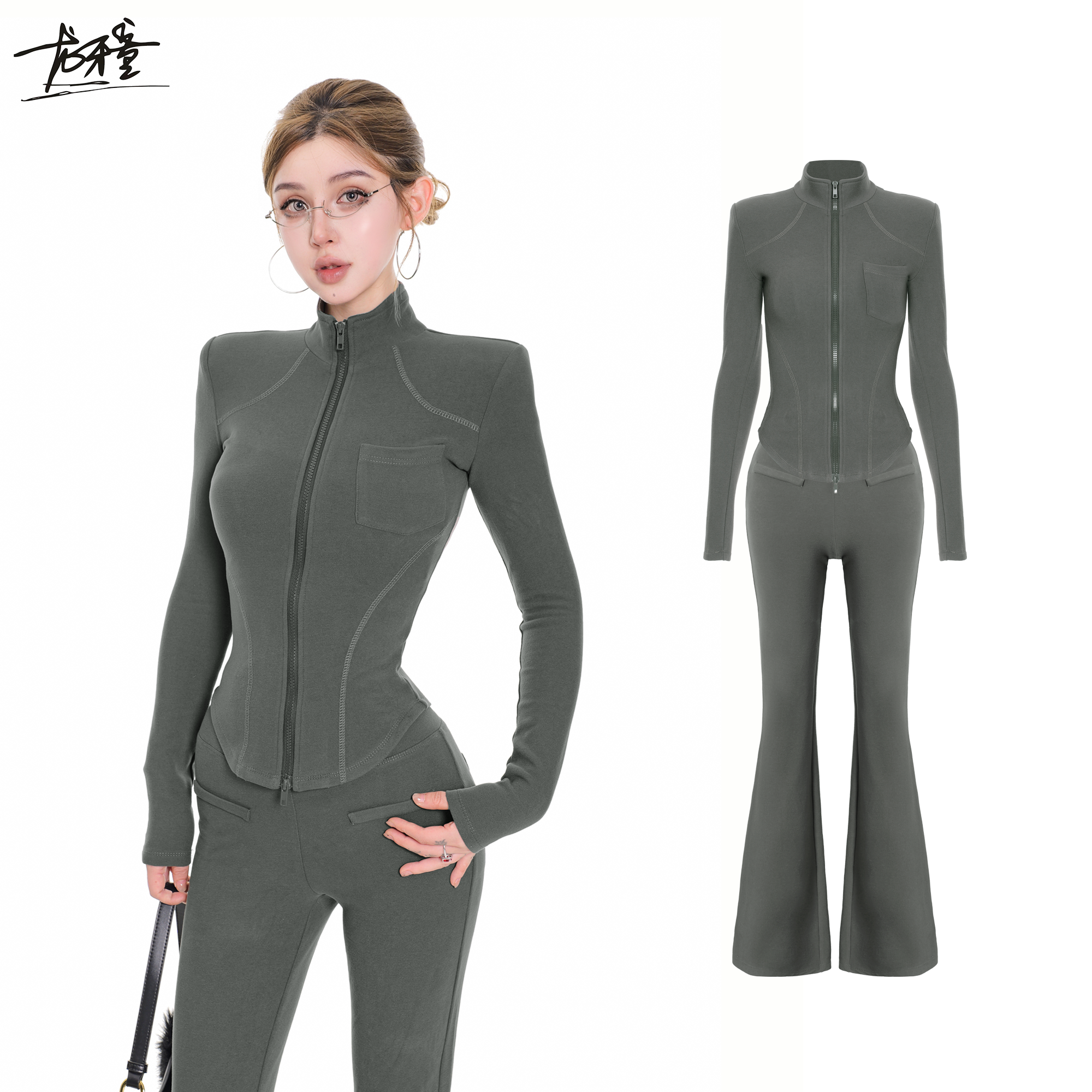 龙牙童推荐【肯豆套装】美式辣妹运动风立领拉链上衣女秋冬显瘦外套