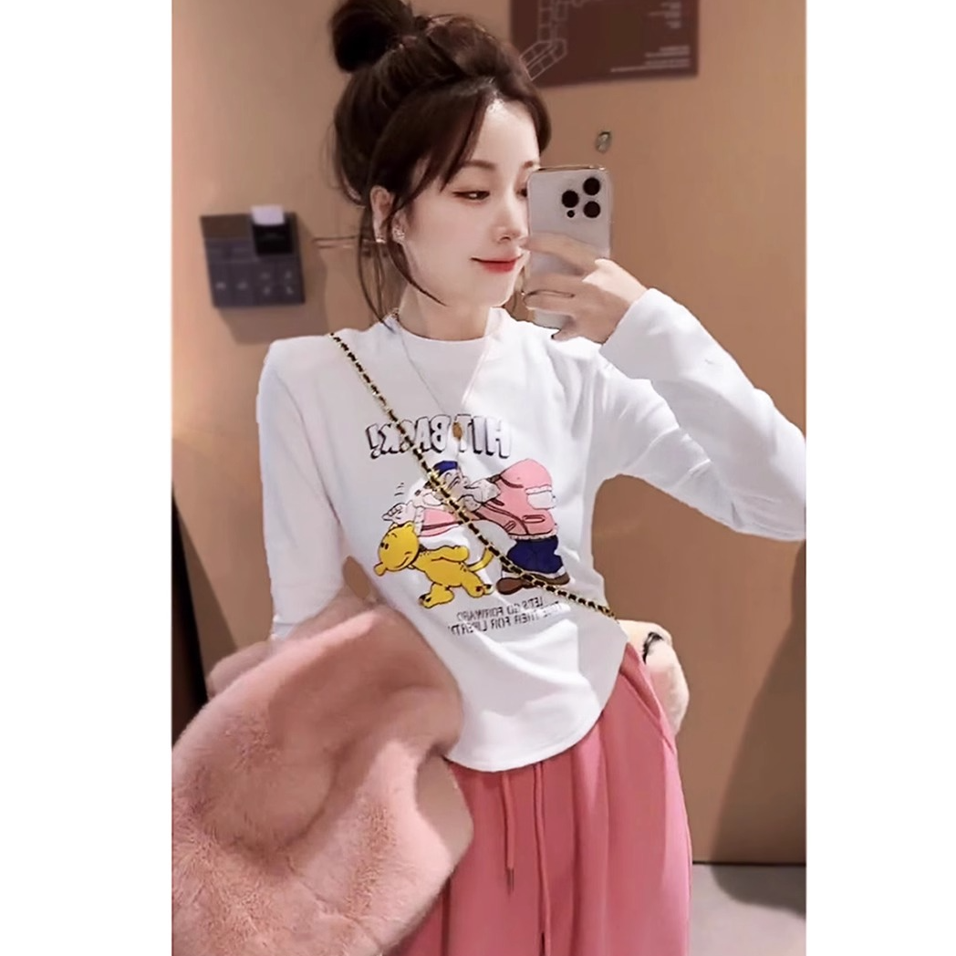 卡通印花白色长袖T恤女春秋冬下摆弧形内搭正肩加绒上衣潮打底衫