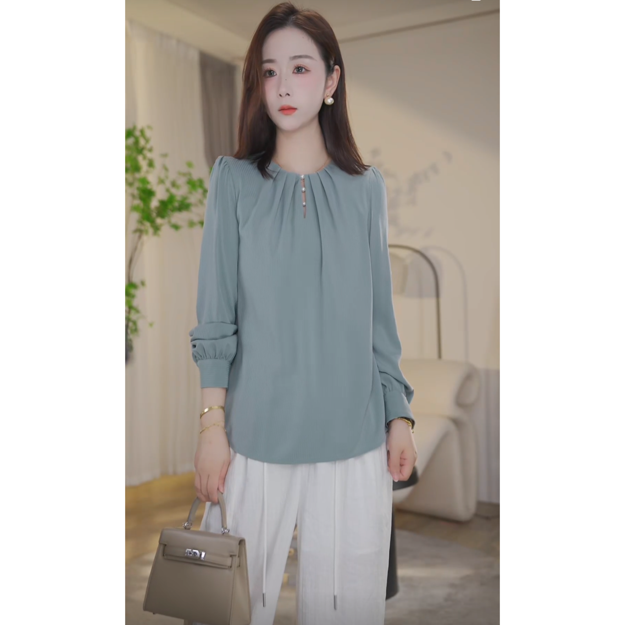 【杨杨专属】新款衬衣长袖衬衫女法式小众气质宽松洋气上衣湖水绿
