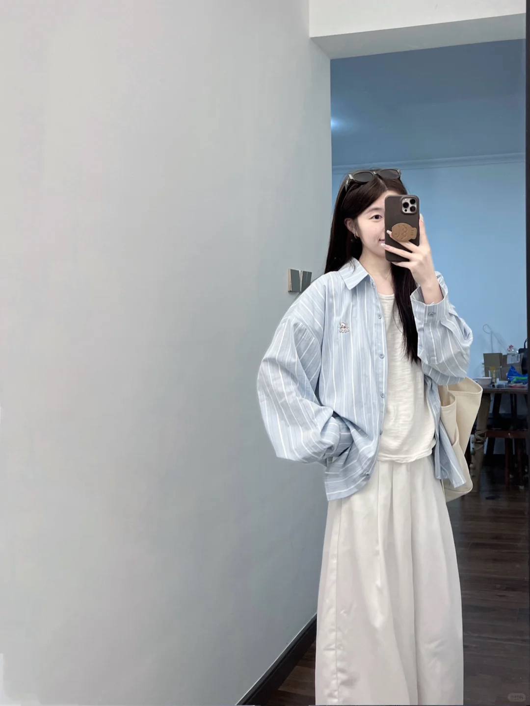 2025入秋新款韩系松弛感穿搭蓝色格子衬衫搭配休闲裤显瘦两件套女