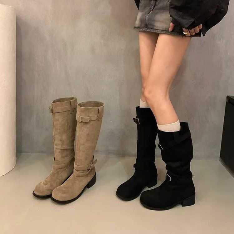 西部牛仔靴女长靴不过膝秋冬季新款堆堆靴粗高跟显瘦长筒骑士靴子