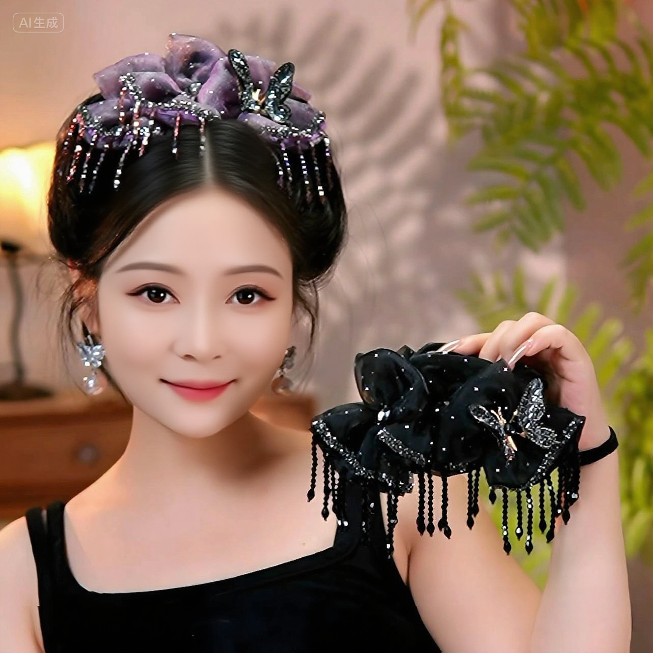 (鹩动碟飞)韩式双层蝴蝶结流苏抓夹时尚轻奢在逃公主夏盘发鲨鱼夹