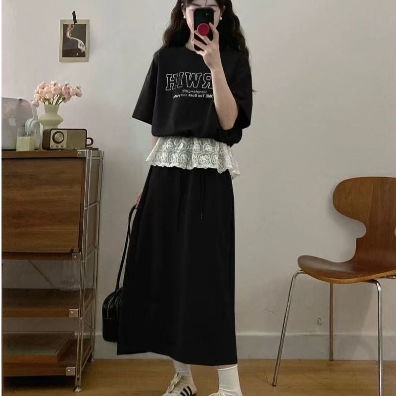 夏季蕾丝拼接字母印花上衣A字版半身裙套装