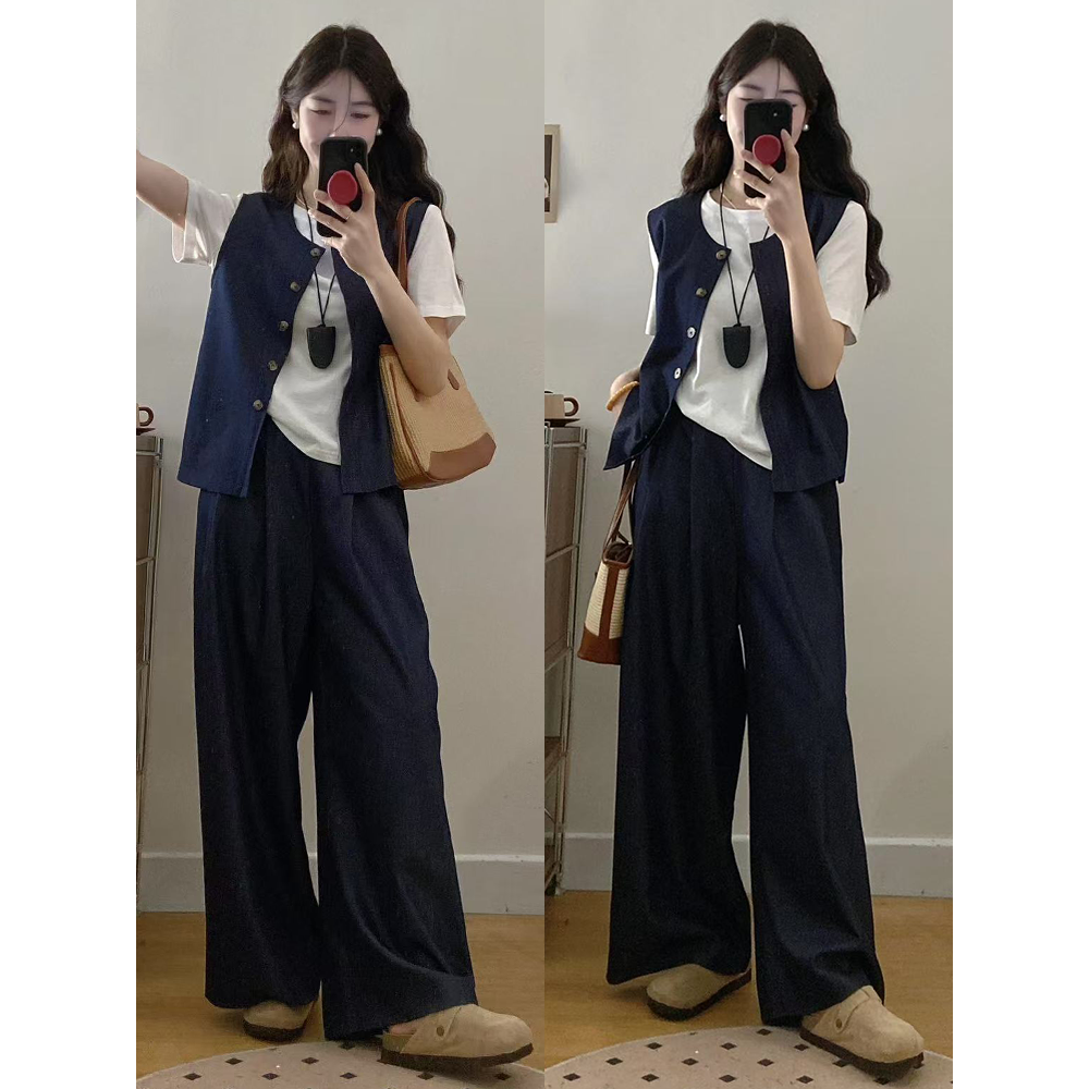 牛仔马甲阔腿裤大码胖mm夏季薄款洋气遮肉显瘦套装复古三件套女装