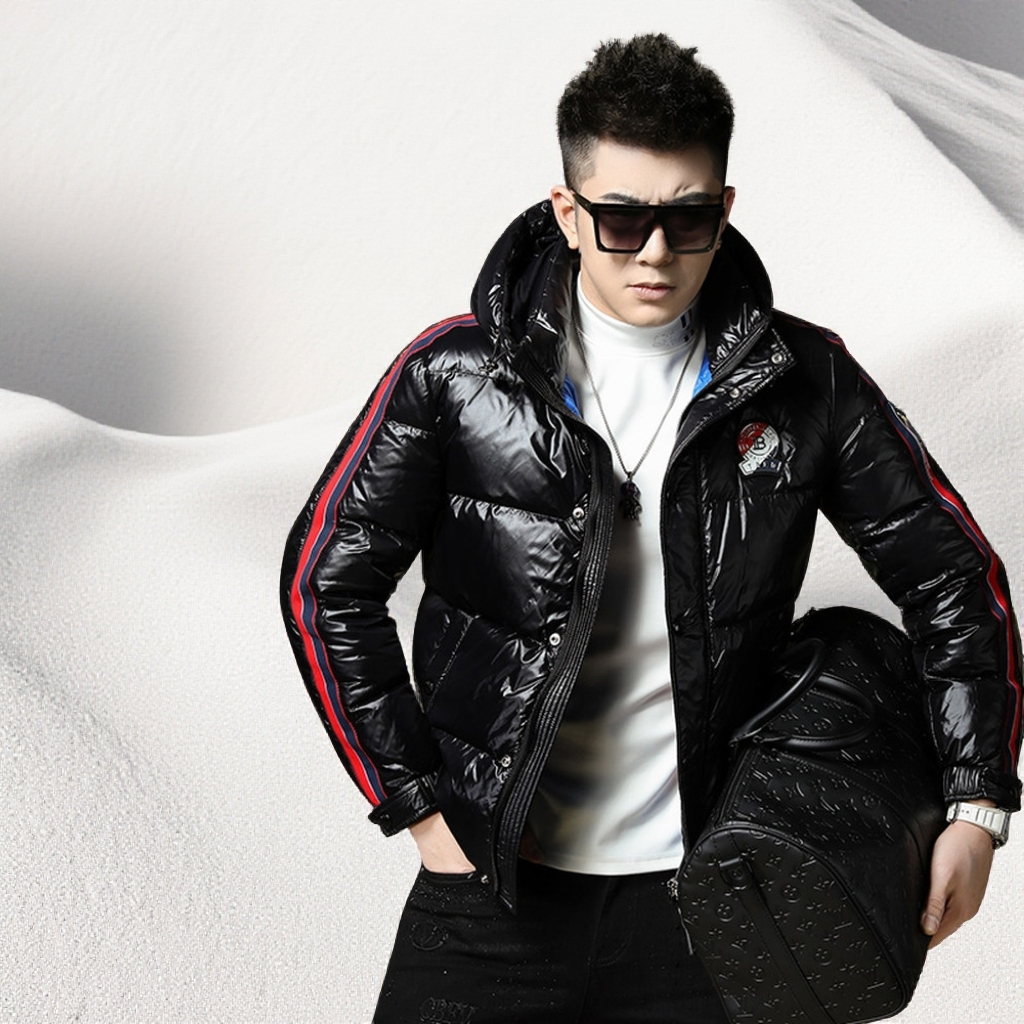 宾斯洛特男装冬季新款黑色亮面加厚外套潮牌徽章连帽白鸭绒羽绒服