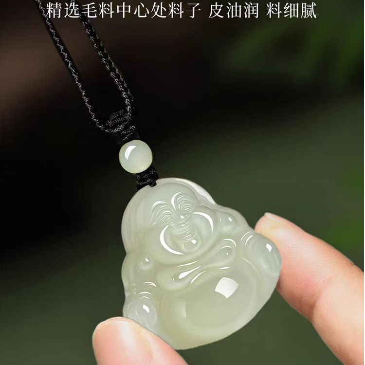 和田玉青白玉弥勒佛吊坠项链女士款经典简约小佛公玉石颈饰赠证书