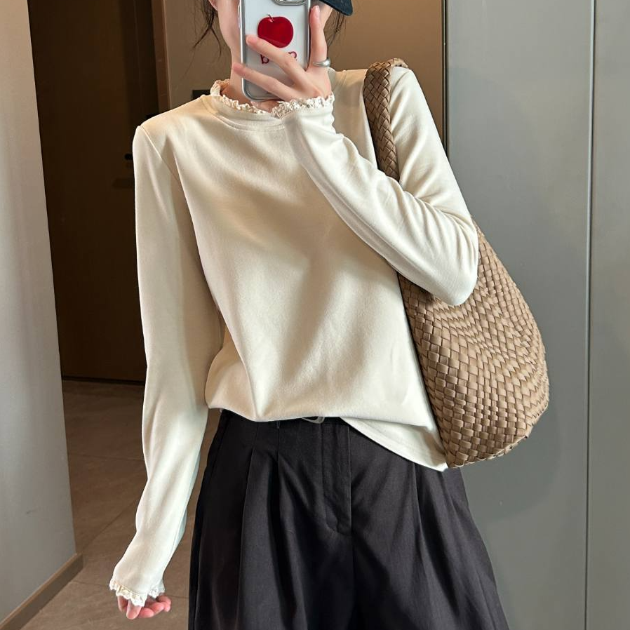 「澳绒双面 花边拼接」加厚保暖内搭打底衫 冬季韩版百搭圆领Z530