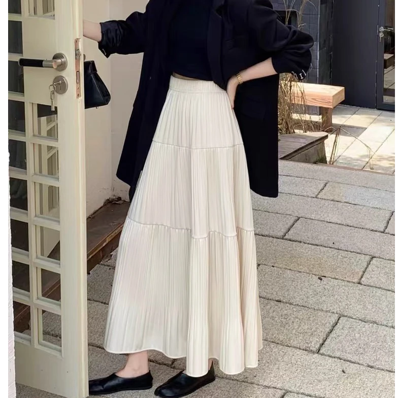 垂感压褶拼接设计半身裙2025秋冬高腰显瘦百褶裙长款A字大摆伞裙