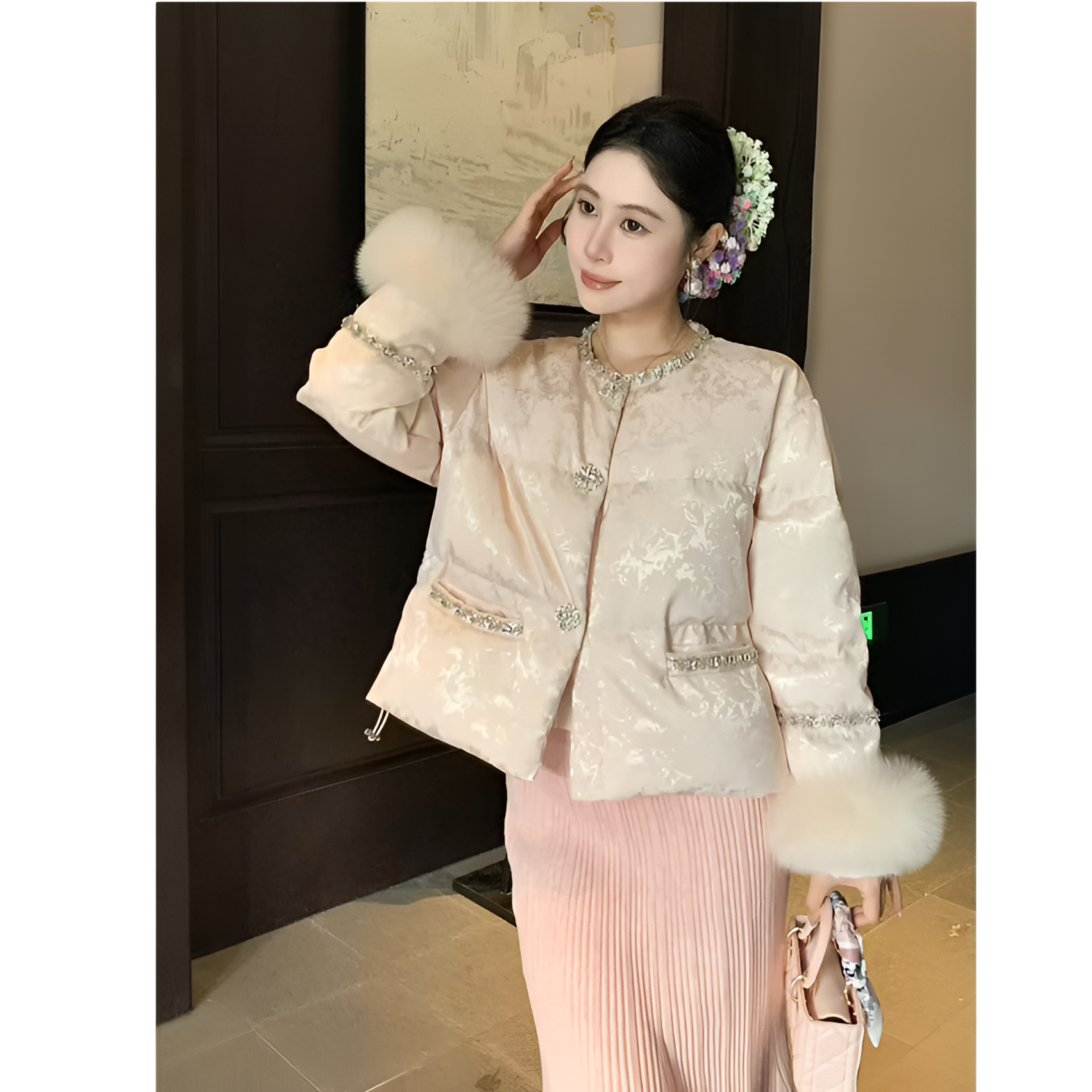 新中式新款短款宽松型拼接轻奢百搭休闲提花保暖圆领棉服长袖常规