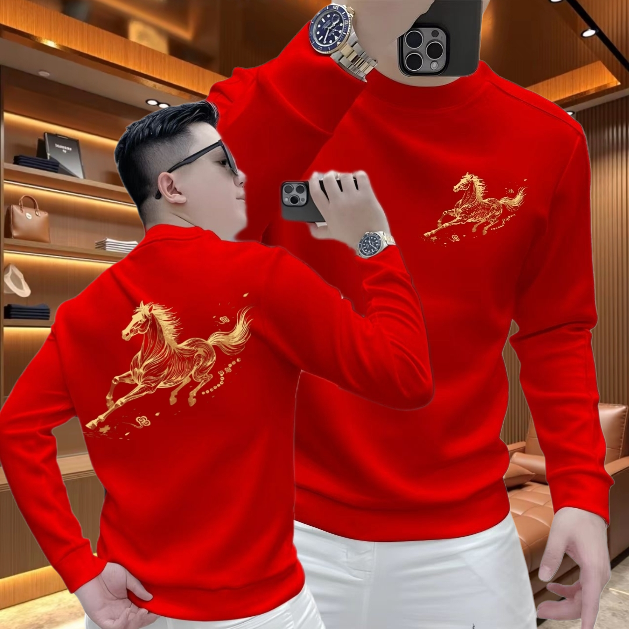 本命年红色衣服秋冬国潮爆款骏马印花加绒打底衫新年喜庆长袖上衣