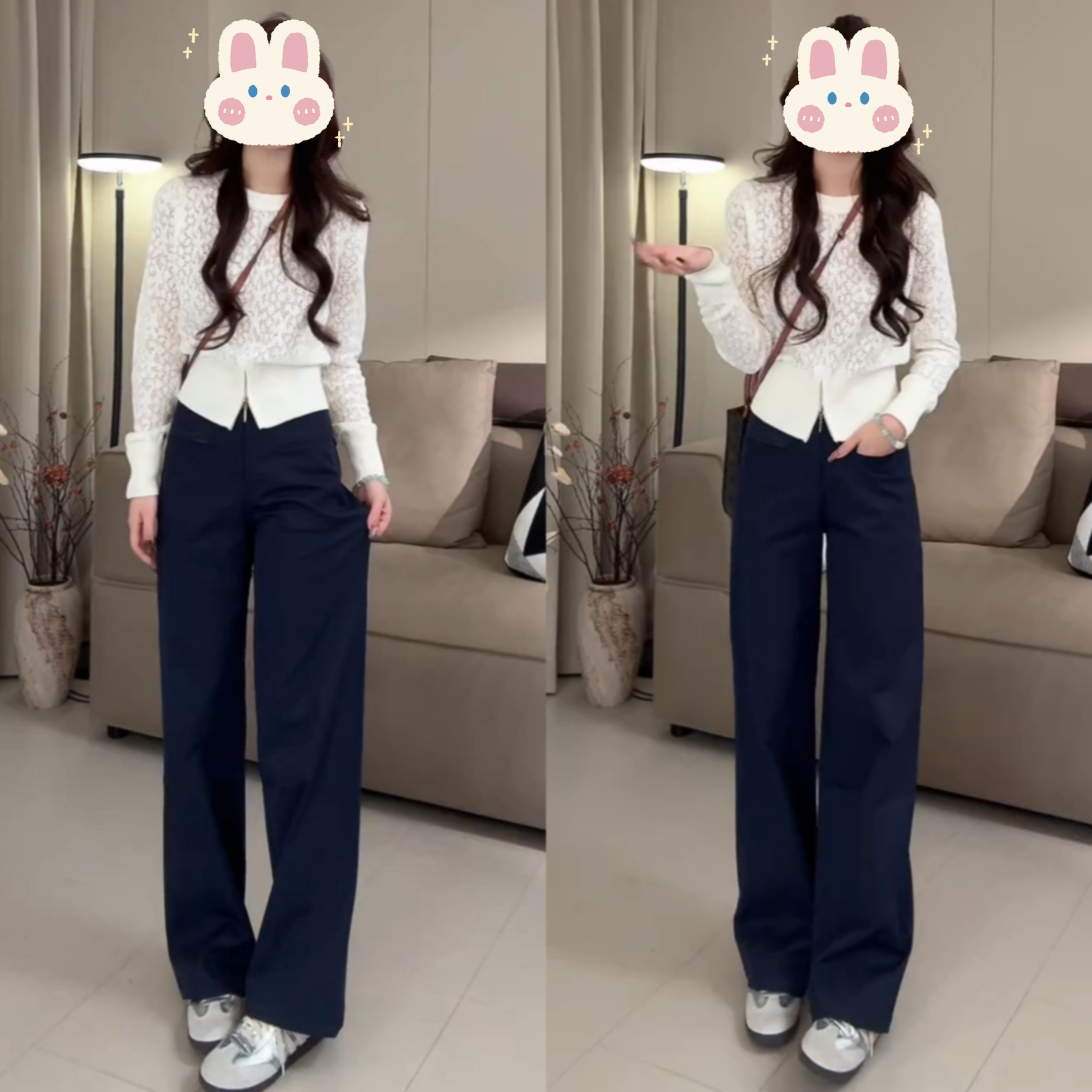 早秋新款气质镂空圆领针织衫长袖套头上衣+高腰显瘦直筒裤BB50301