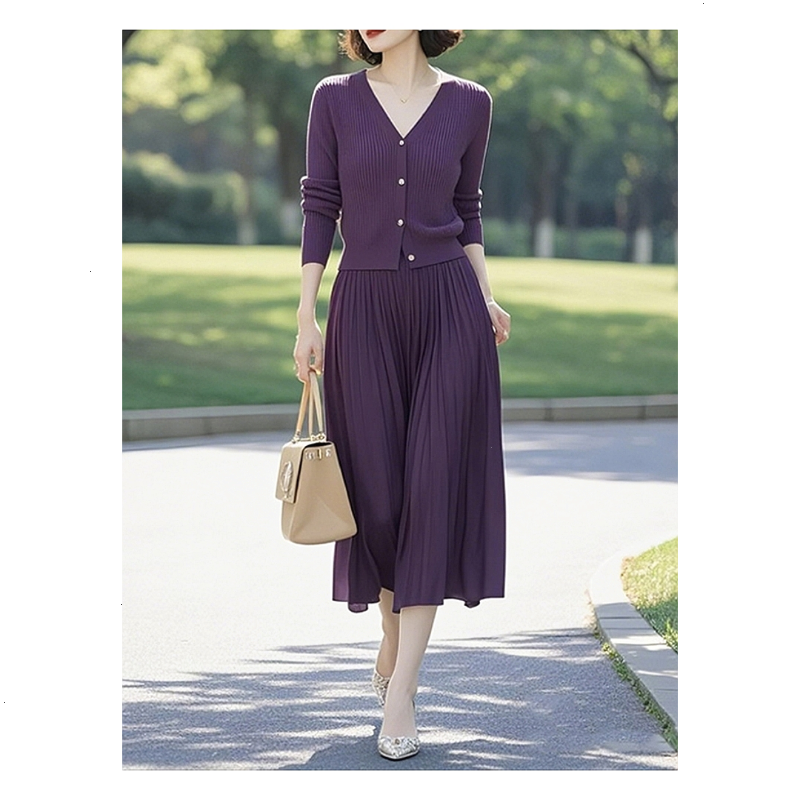 气质高级感贵气穿搭紫色针织开衫紫色半身裙2025新款套装女$