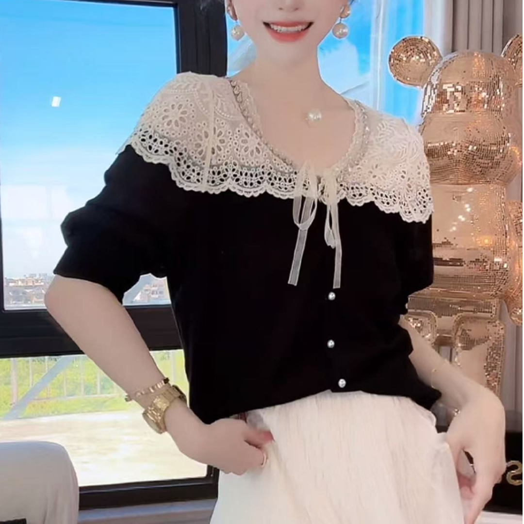 法式轻奢蕾丝拼接针织衫女秋季新款重工镂空设计百搭显瘦上衣3730